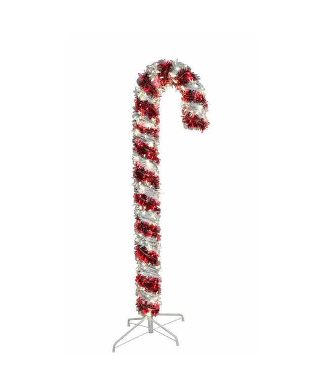 6' Prelit Red & White LED Tinsel Candy Cane