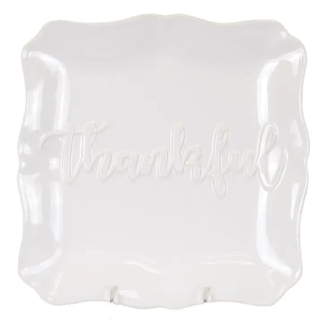11.5" White Thankful Embossed Platter | Ceramic Serveware