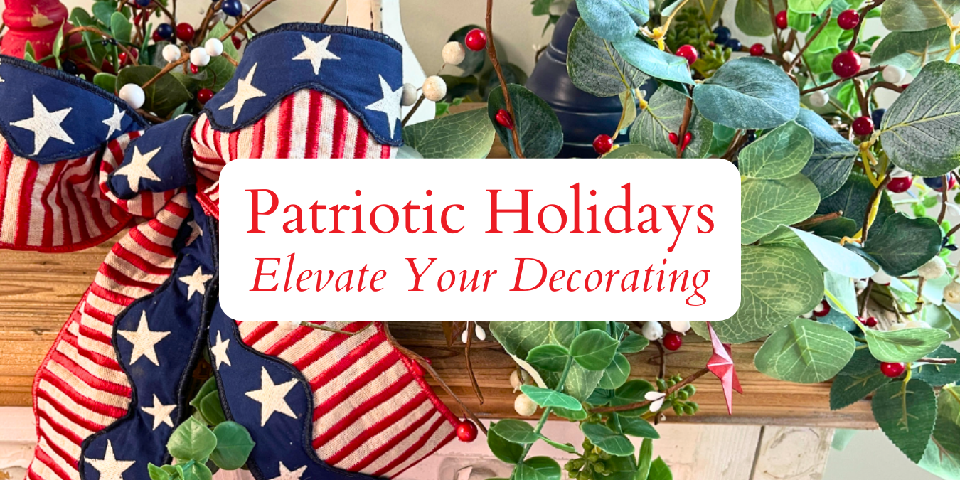 Patriotic decor for mantle or table featuring ribbon and artificial greenery