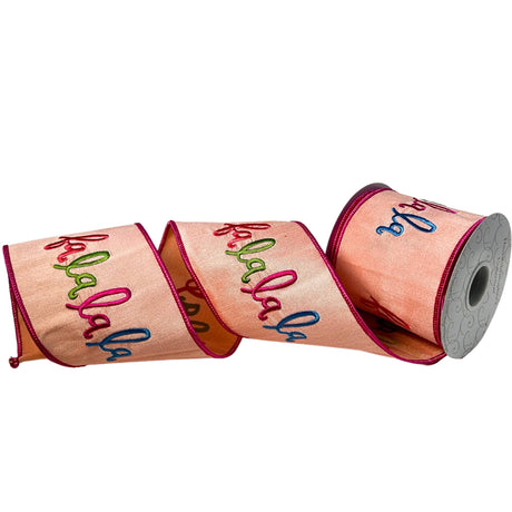 4 inch Peach Faux Dupioni- Multi Color Fa La La La Ribbon- 10 yards