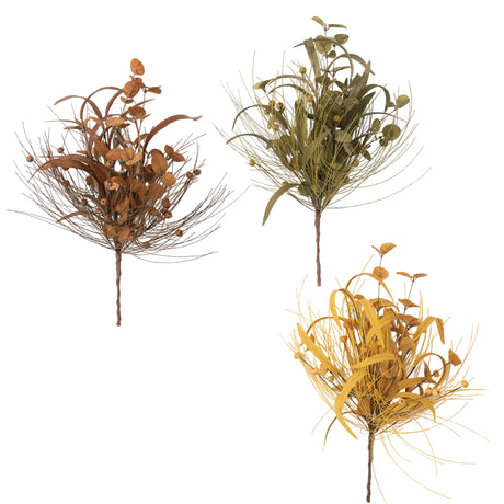 Three artificial plants in brown, green, and yellow on a white background