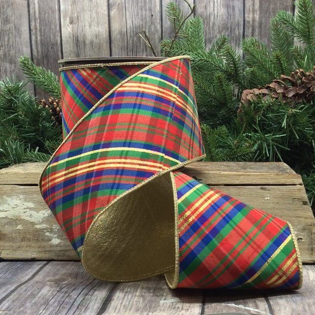4" x 10yds Dupion Diagonal Yuletide Plaid Ribbon – Red, Green & Blue