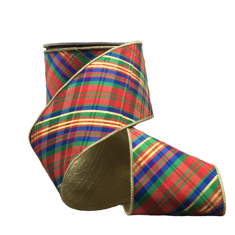 4 inch x 10 yards Dupion Diagonal Yuletide Plaid Ribbon - Red, Green & Blue