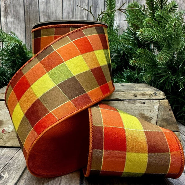 4" x 10yds Taffeta Plaid Ribbon | Orange, Rust & Chocolate