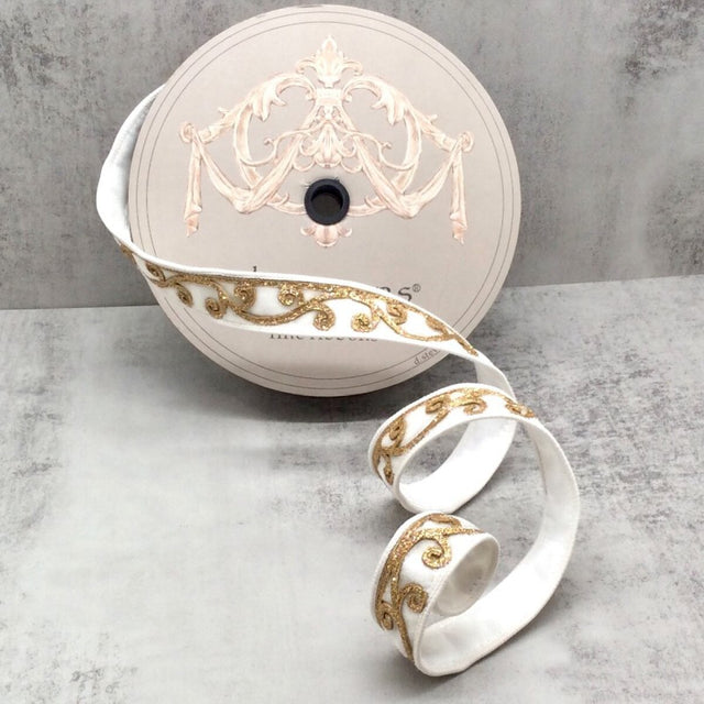 1" x 10yds Velvet Gold Glitter Scroll Trim | Winter White
