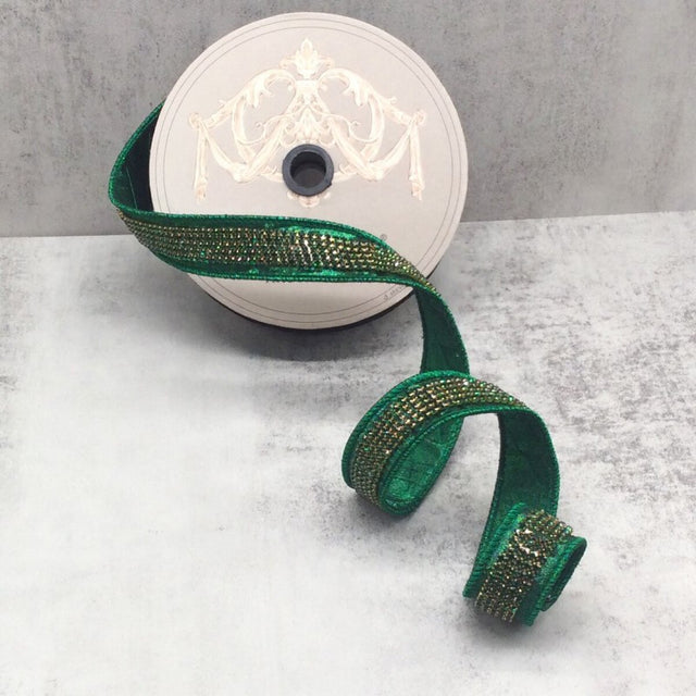 1" x 5yds Emerald Metallic Dupion Duchess Ribbon | Emerald Jewel Center