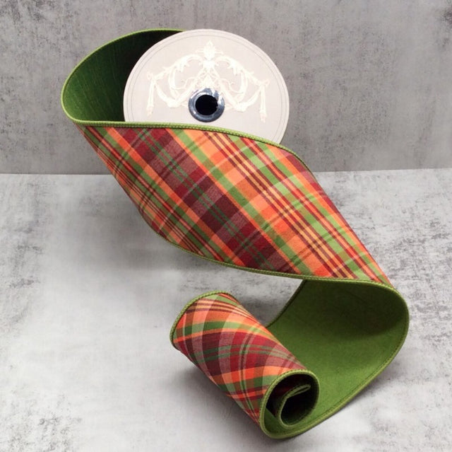 4" x 10yd Dupioni Diagonal Auburn Plaid Ribbon
