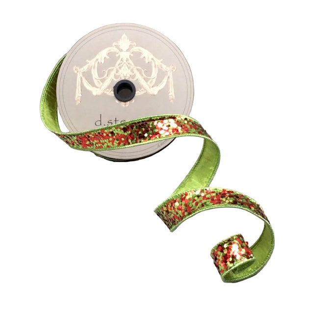 1" x 10 Yards Cirque Glitter Ribbon | Red, Lime, & Green