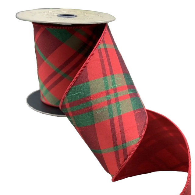4" x 10 Yards Diagonal Plaid Dupion Ribbon | Green & Red