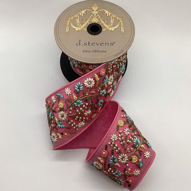 3.75" x 5yds Dupion Jewel Floral Appliqué – Pink Blue