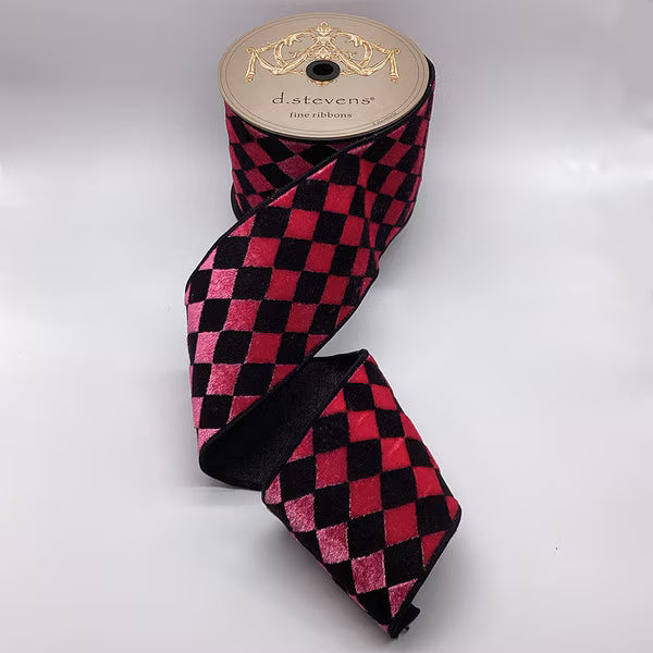 4" x 10 YDS Ice Velvet Harlequin Ribbon | Pink & Black