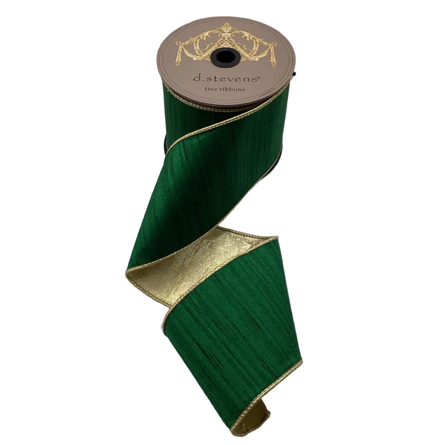 4" x 10 Yards Slub Dupion Emerald Green Metallic Gold Back Ribbon