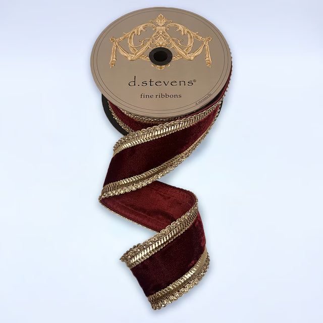 2.5" x 5 Yards Ruby Velvet Gold Braid Jewel Trim Ribbon