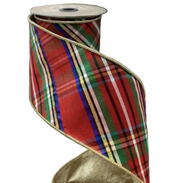 4" x 10 Yards Faux Dupion Diagonal Plaid Nutcracker Ribbon | Gold Back, Blue & Red