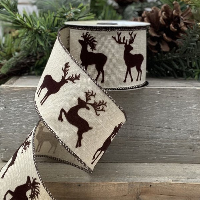 2.5" x 10 YDS Faux Linen Flock Deer Ribbon