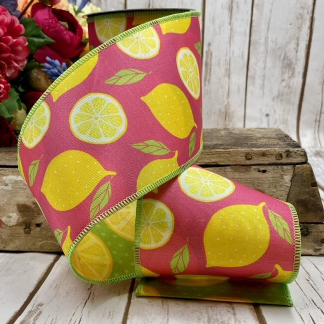 4" x 10yds Pink Grosgrain Sliced Lemons Ribbon