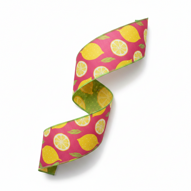 4" x 10yds Pink Grosgrain Sliced Lemons Ribbon