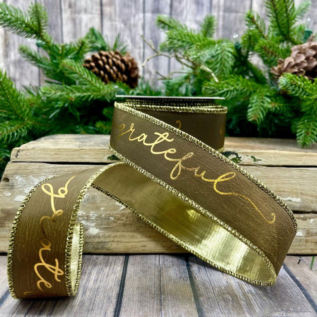 1.5" x 10yds Antique Gold Taffeta Gold Foil "Grateful" Ribbon