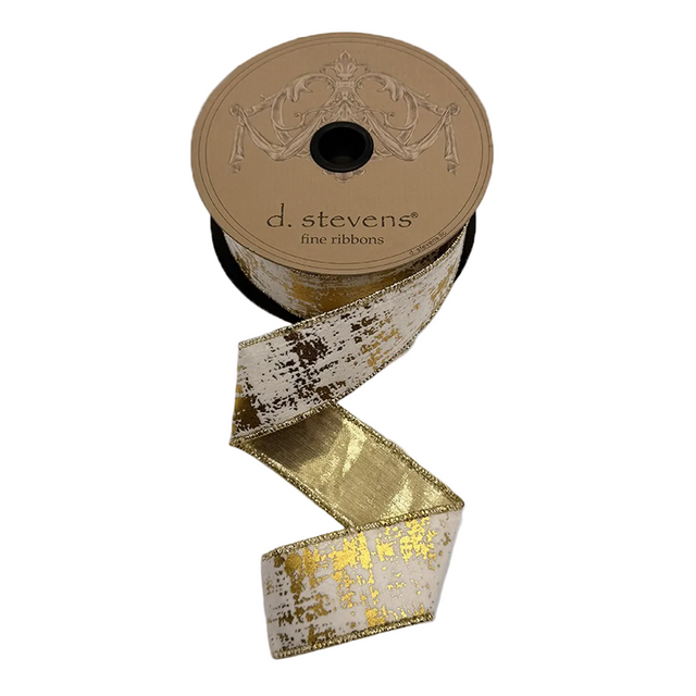 1.5" x 10 Yards White Suede Velvet Burnished Metallic Gold Ribbon