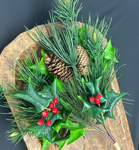 Holly, Pine, Magnolia Christmas Spray Bundle with Cone, additional view