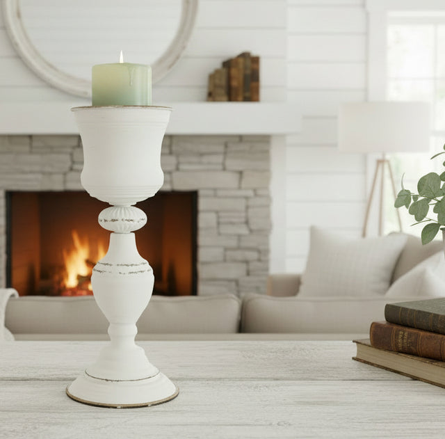 5.5"x11.75" White Metal Chalice Pillar Holder