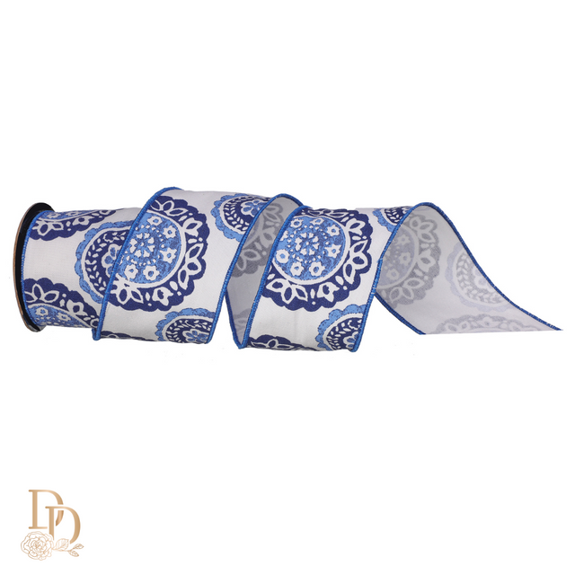 4" X 10 Yard Blue/White Veranda Emblem Ribbon