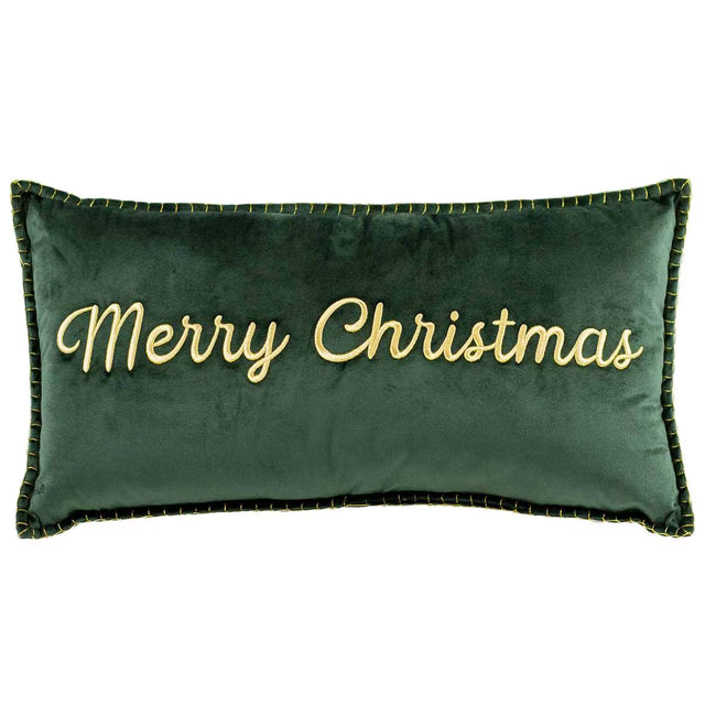 13"x24" Green & Gold Merry Christmas Embroidered Pillow