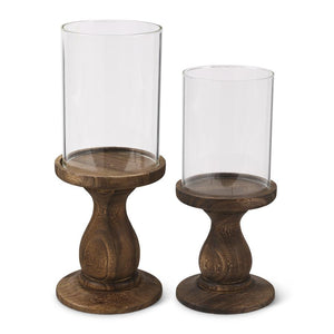 Set of 2 Glass Cylinder Candleholders with Wood Pedestals
