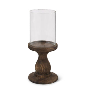Set of 2 Glass Cylinder Candleholders with Wood Pedestals