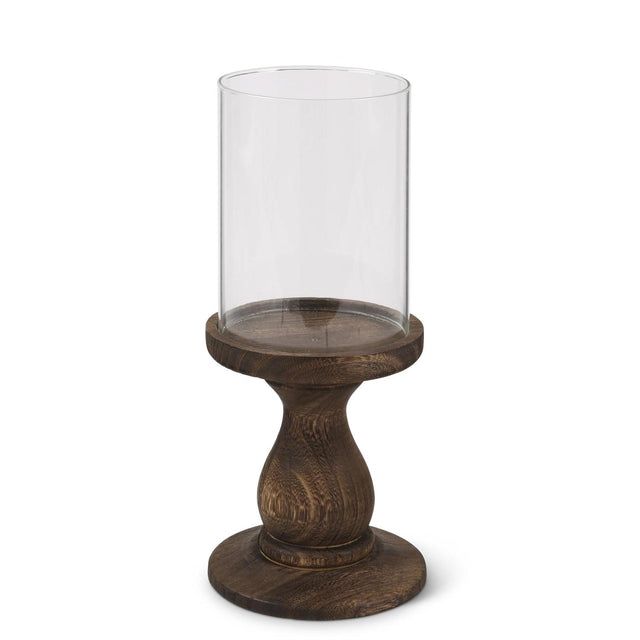Set of 2 Glass Cylinder Candleholders with Wood Pedestals