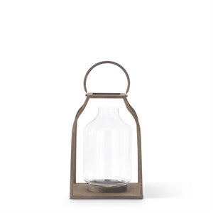 14.25" Speckled Bronze Metal Trapezoid Lantern with Glass Insert
