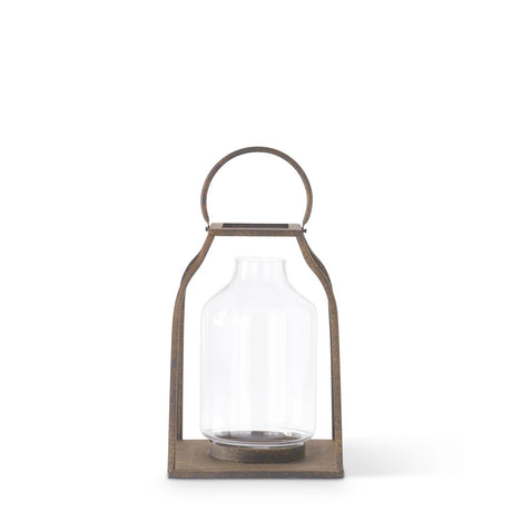 14.25 inch Speckled Bronze Metal Trapezoid Lantern with Glass Insert