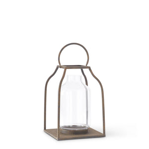 14.25" Speckled Bronze Metal Trapezoid Lantern with Glass Insert