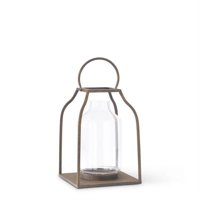 14.25" Speckled Bronze Metal Trapezoid Lantern with Glass Insert