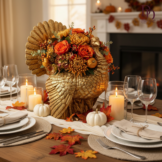 13.5" Resin Gilded Turkey Centerpiece