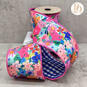 4" Blue | White Check Back | Cats and Flowers | Linen Ribbon- 10 Yards