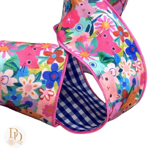 4" Blue | White Check Back | Cats and Flowers | Linen Ribbon- 10 Yards