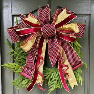 20 inch Burgundy Christmas hand-tied designer bow with burgundy velvet, gold glitter and jeweled lattice ribbon, on a wreath
