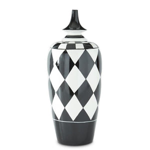 Black & White Harlequin Ceramic Container with Finial Lid, 27"