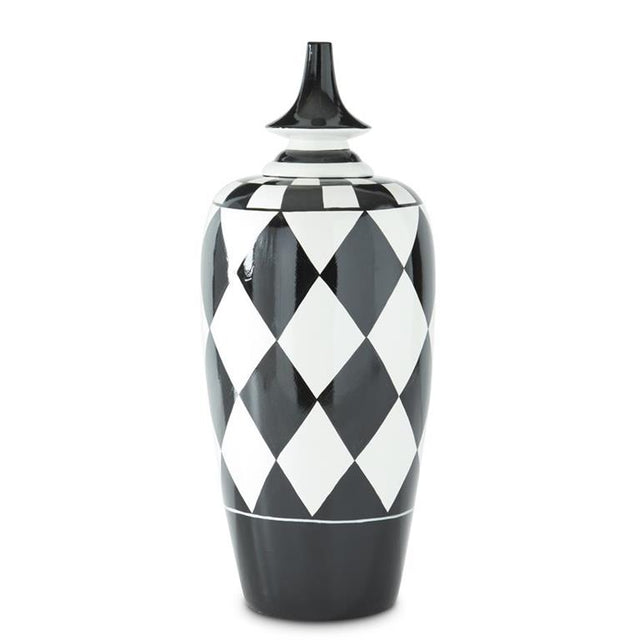 Black & White Harlequin Ceramic Container with Finial Lid, 27"