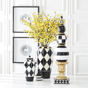 Black & White Harlequin Ceramic Container with Finial Lid, 27"