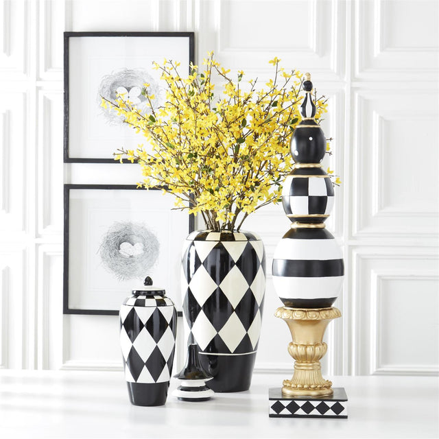 Black & White Harlequin Ceramic Container with Finial Lid, 27"