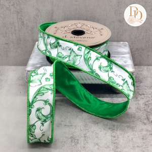 1.5" Green | White | Chinoiserie | Taffeta Acanthus Scroll Ribbon- 10 Yards