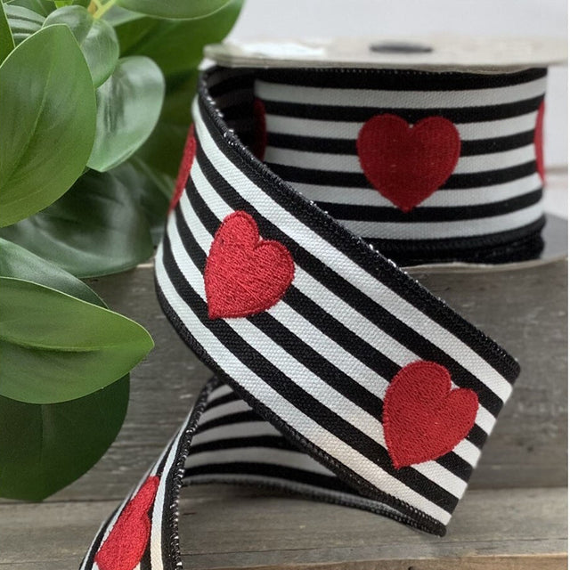 2.5" x 5yds Canvas Stripe Ribbon | Embroidered Red Hearts, Black & White