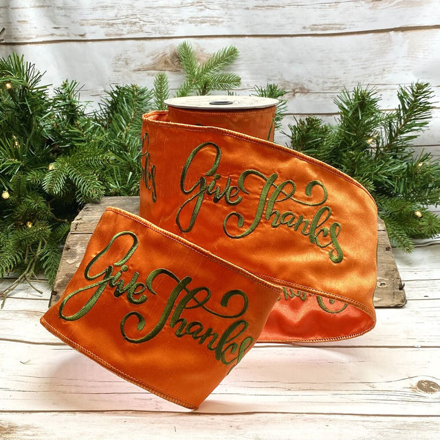 4" x 10yds Faux Dupion Pumpkin Ribbon – “Give Thanks” Embroidery