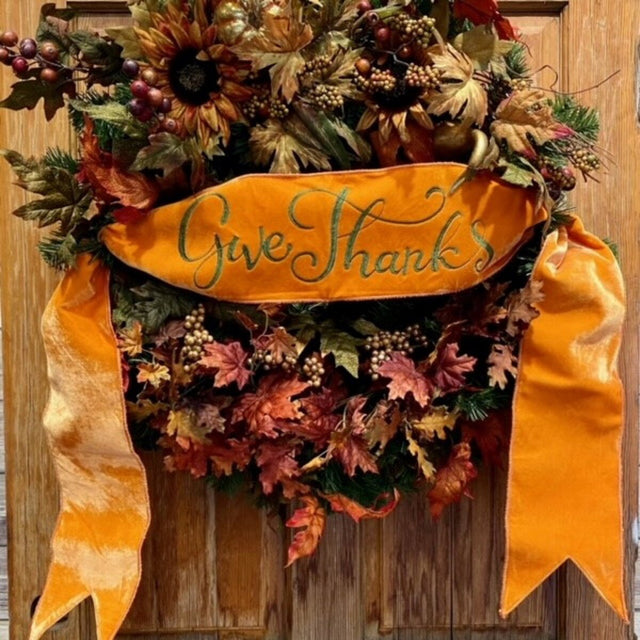 6" x 70" Velvet Embroidered "Give Thanks" Banner – Orange