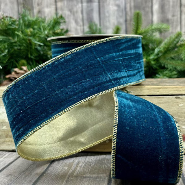2.5" x 10yd Velvet Vintage Chic Ribbon – Peacock with Gold Back