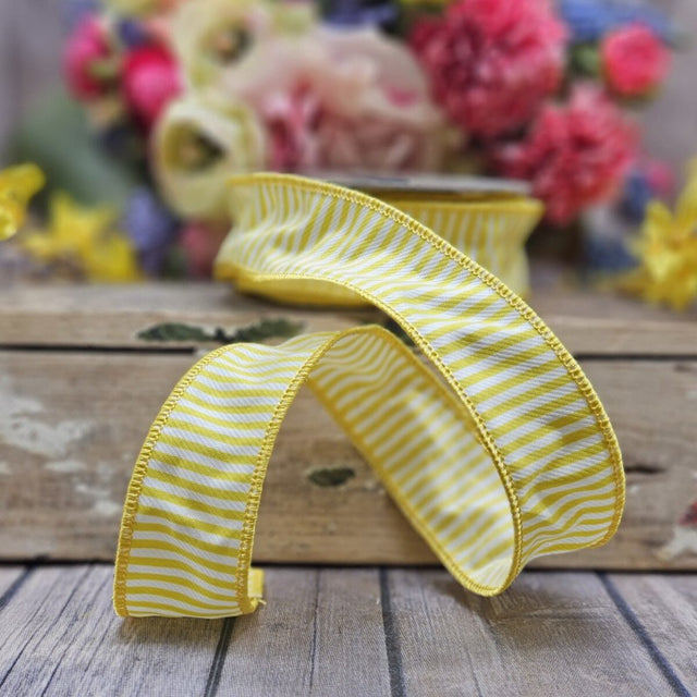 1.5" x 10yds Yellow & White Jacquard Summer Stripes Ribbon