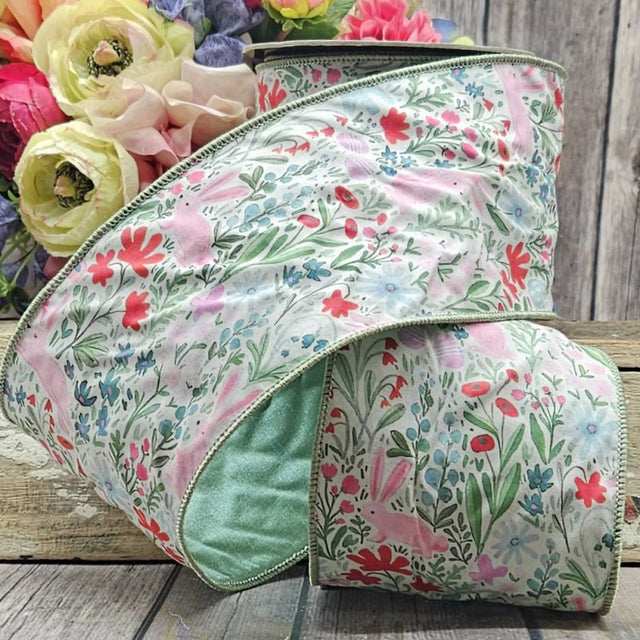 4" x 10yds White, Pink & Red Watercolor Floral Bunny Poplin Ribbon