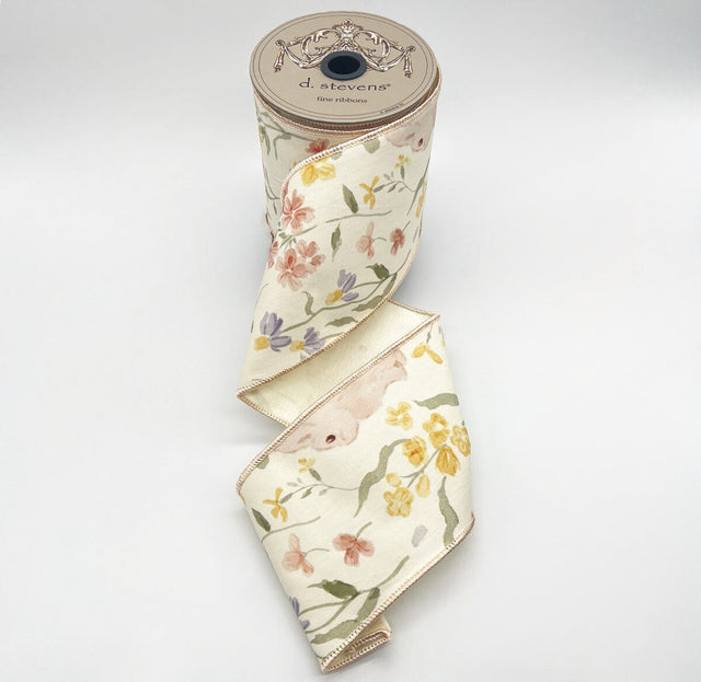 4" x 10yds Cream & Yellow Mix Floral Bunny Poplin Ribbon